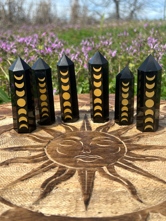 Black Obsidian Golden Etched Moon Phase Towers