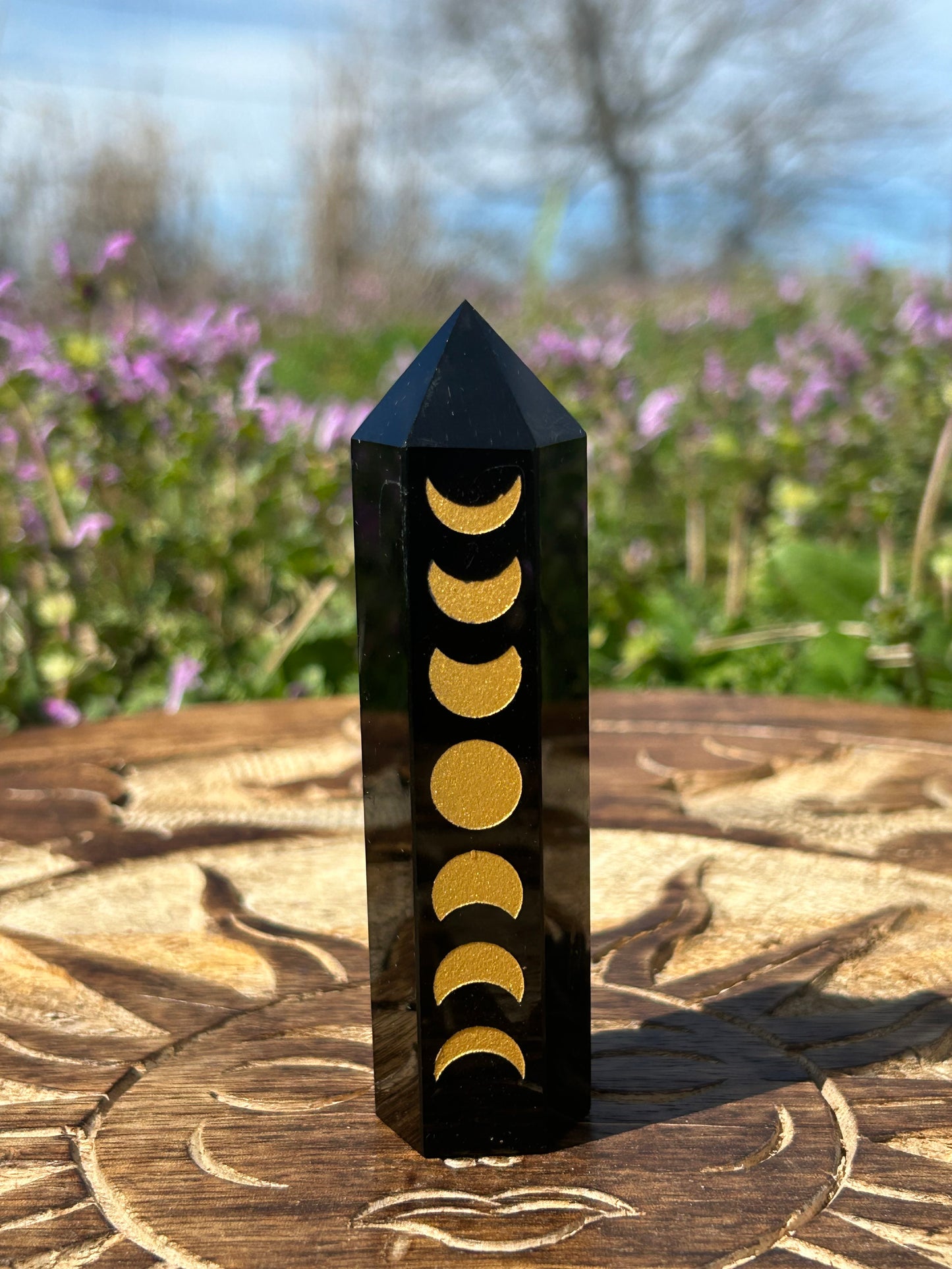 Black Obsidian Golden Etched Moon Phase Towers