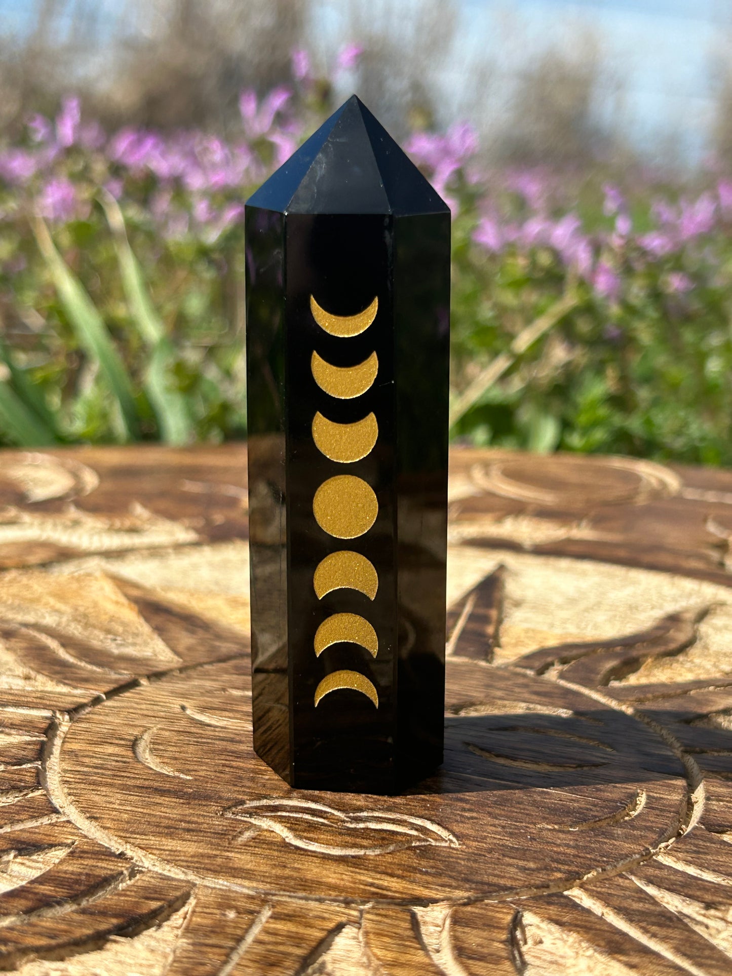 Black Obsidian Golden Etched Moon Phase Towers