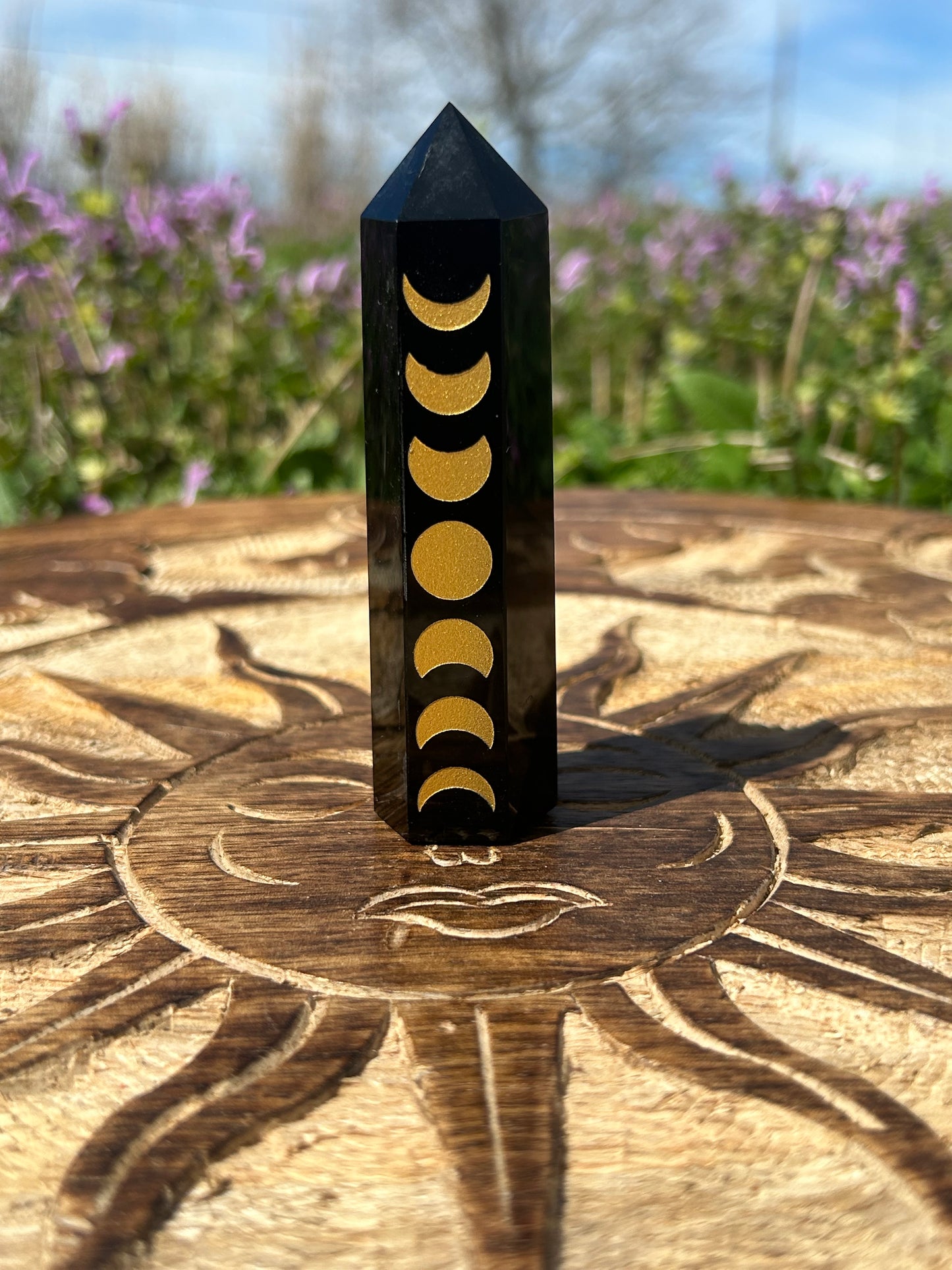 Black Obsidian Golden Etched Moon Phase Towers