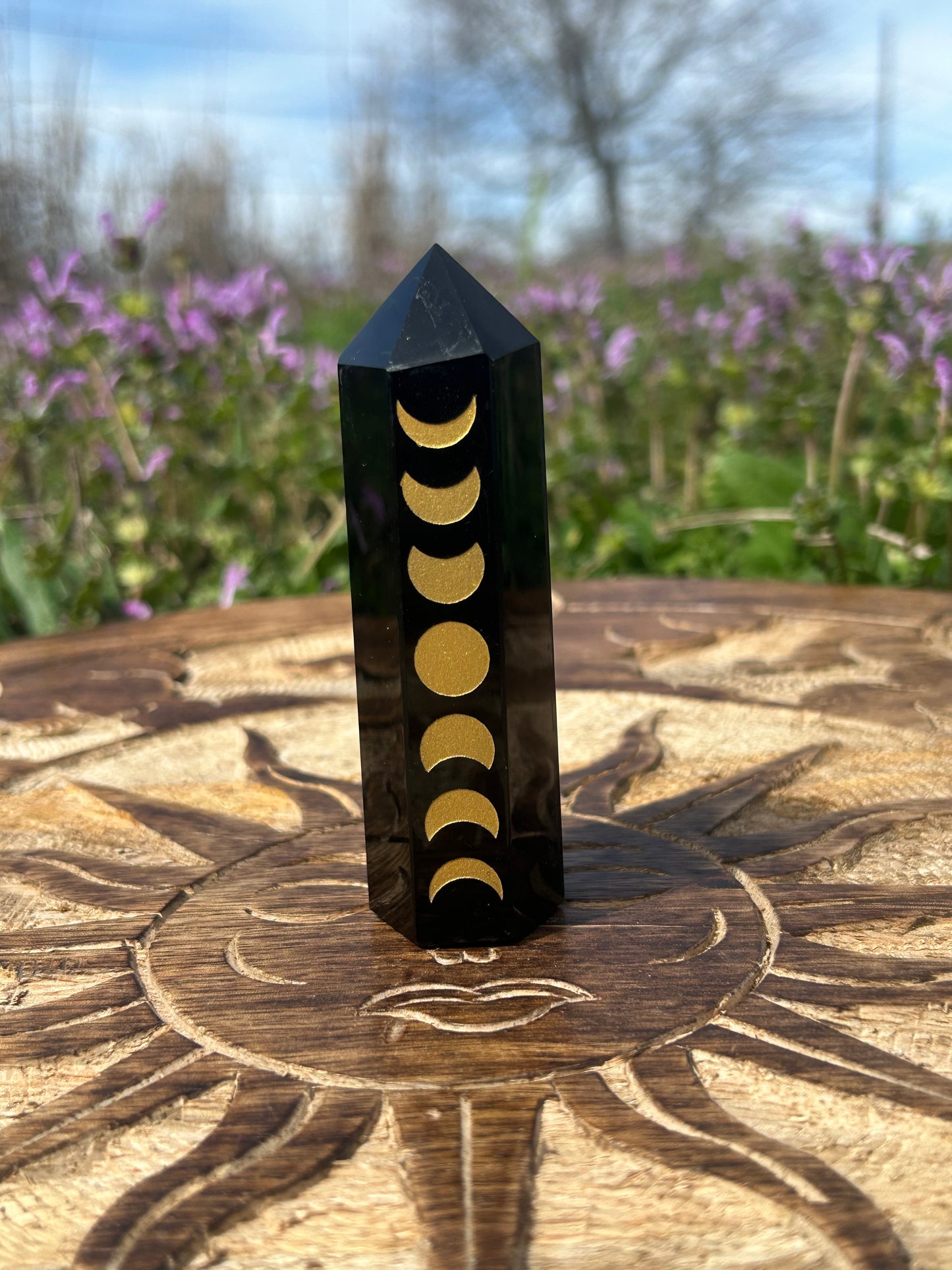 Black Obsidian Golden Etched Moon Phase Towers