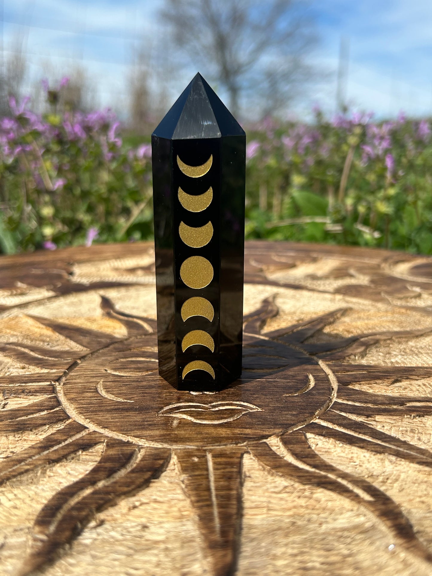 Black Obsidian Golden Etched Moon Phase Towers