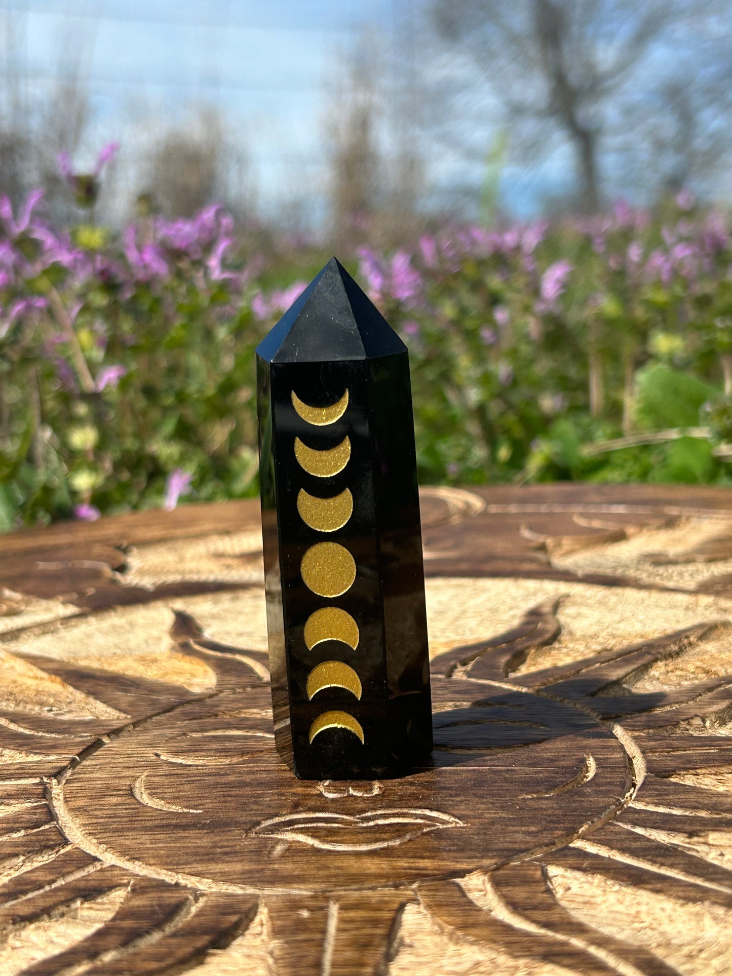 Black Obsidian Golden Etched Moon Phase Towers