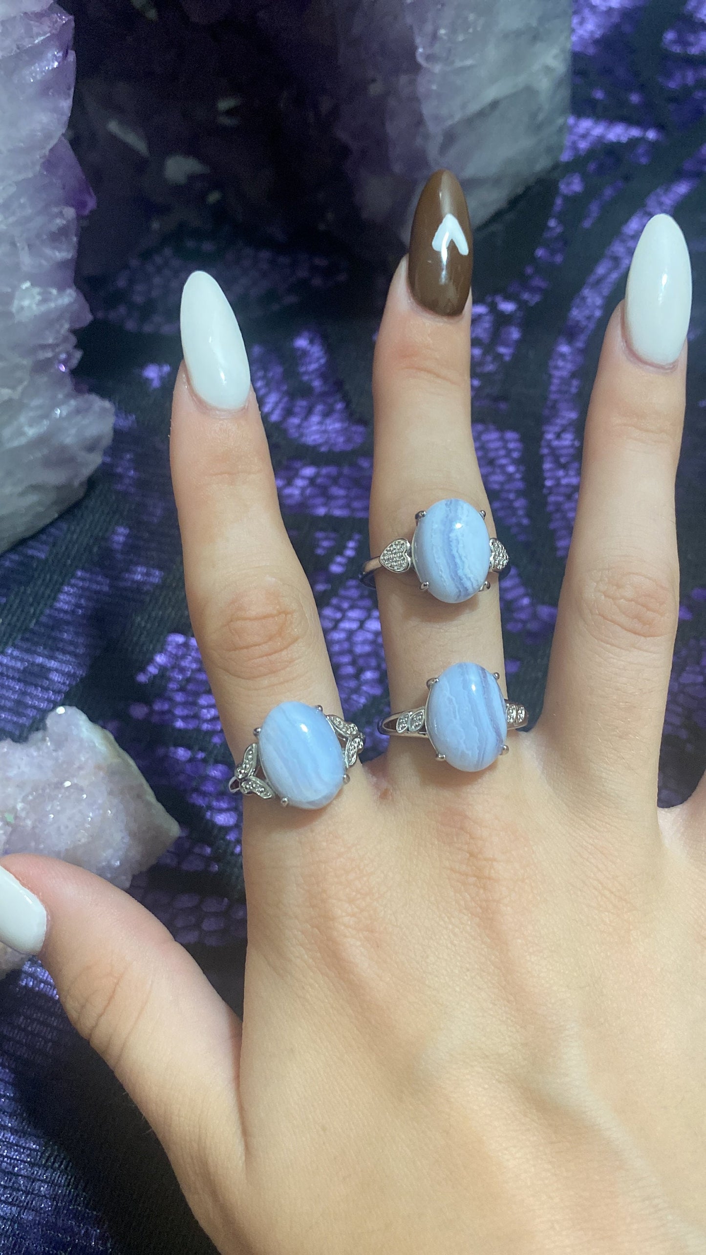 Blue Lace Agate White Bronze Rings